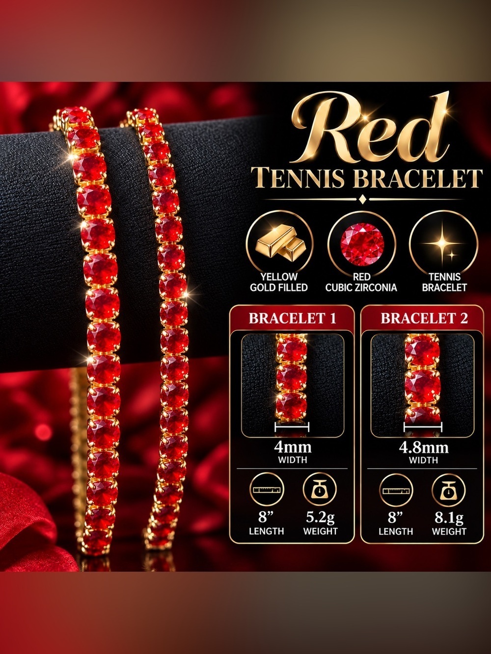 2 Yellow Gold Red Tennis CZ Bracelet 8 in. - Picture 15 of 15